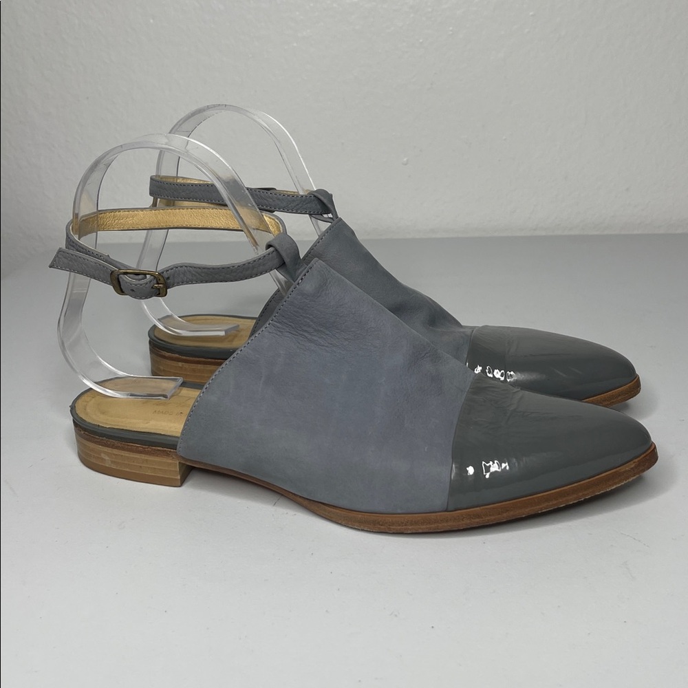 Marta Ray Blue Leather Cap Toe In Patent Leather Ankle Strap Flats Size 39 US 8